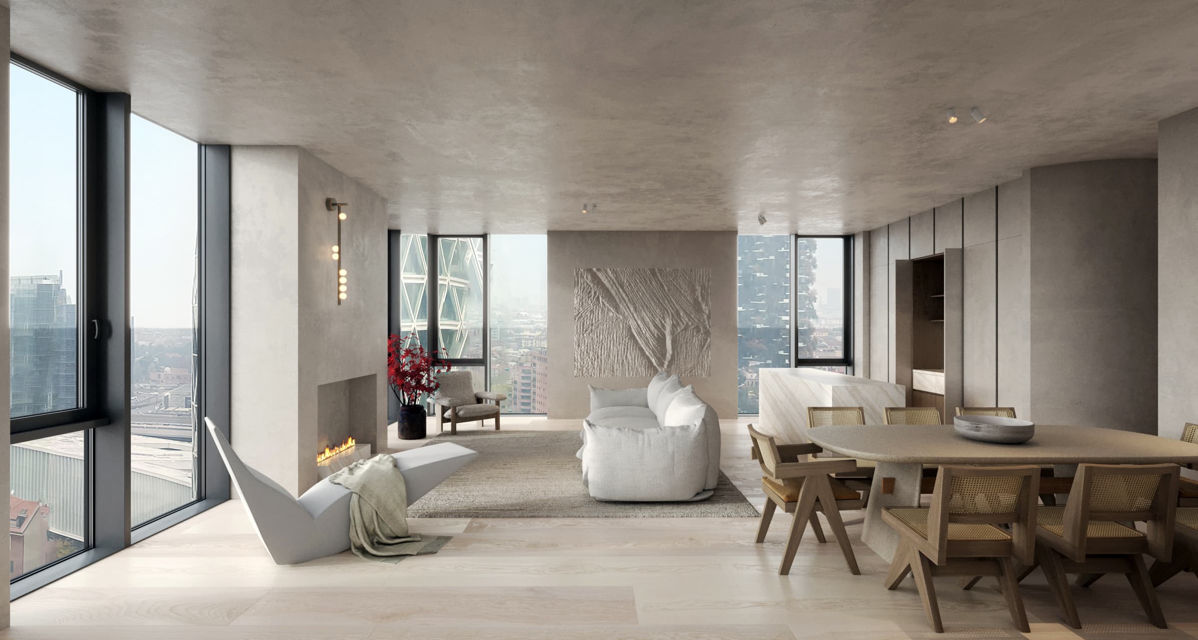 Interior overview with warm material palette