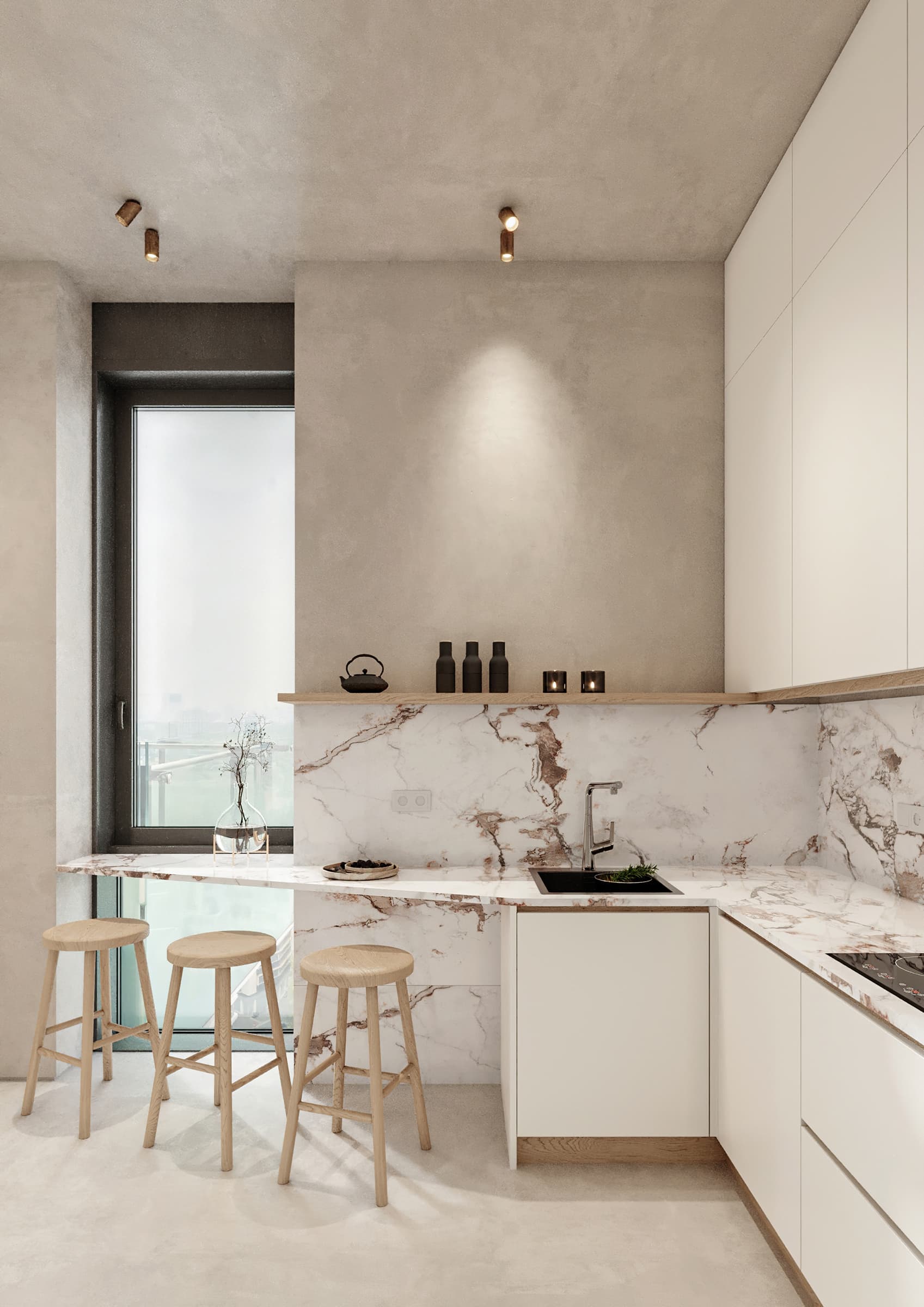 Kitchen with wooden stools and marble island