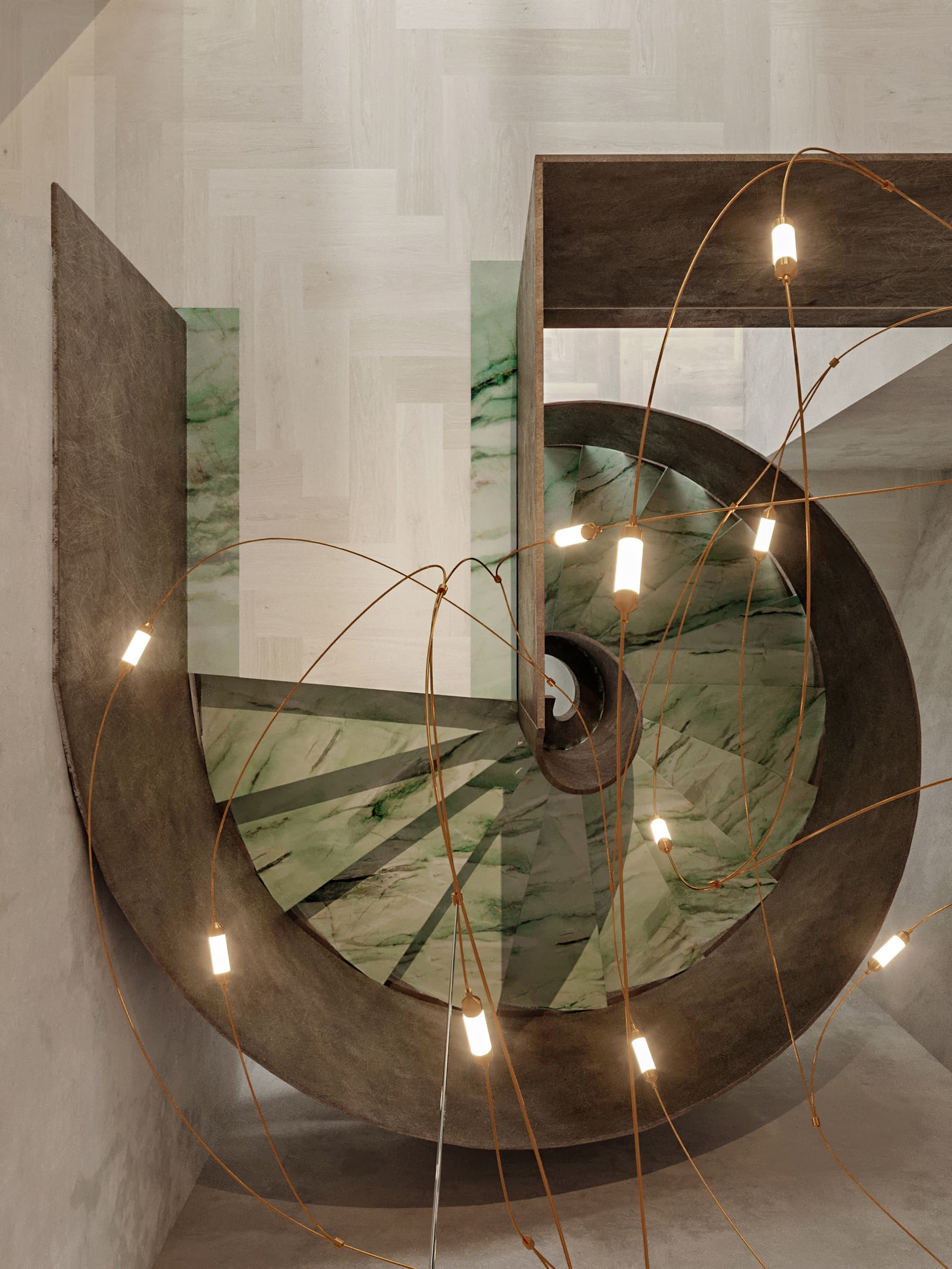 Stairwell from above with geometric chandelier